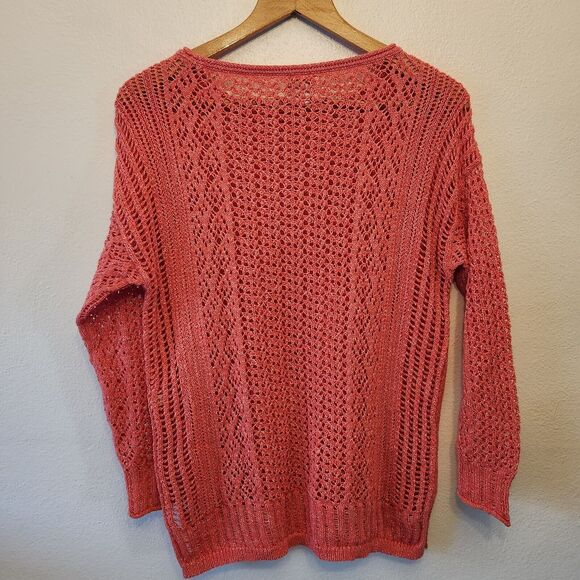 Chico’s Open Stitch Pullover Coral Pink Sweater Size SP Long Sleeve Lightweight - Picture 3 of 11